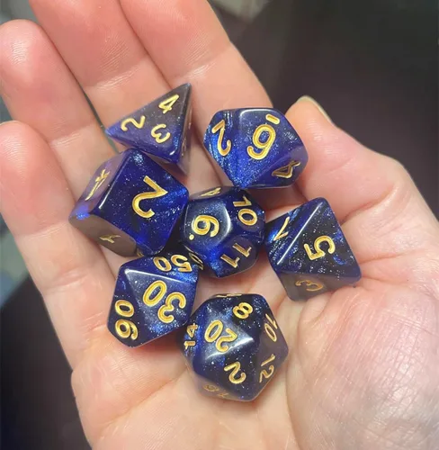 Vista 6 de DND - Juego de dados de nebulosa negra mezcla azul oscuro para Dungeon and Dragons D&D RPG juegos de rol, 7 dados poliédricos con bolsa de dados