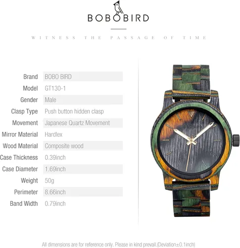 Vista 9 de BOBO BIRD Reloj de madera para hombre, reloj de pulsera analógico de cuarzo de moda, relojes de madera hechos a mano coloridos para hombres