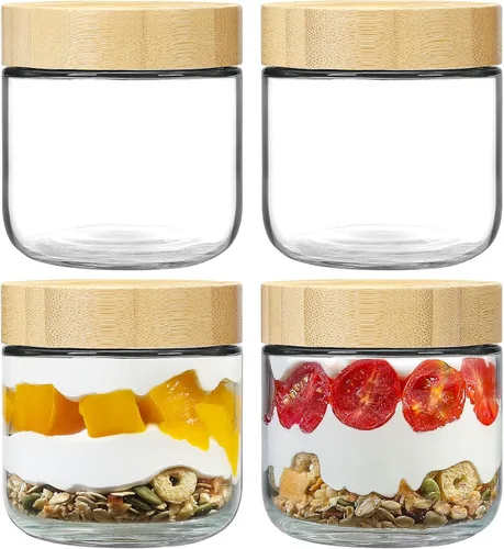 Vista 10 de NETANY Paquete de 6 tarros de vidrio de 16 onzas con tapas herméticas, recipientes de avena durante la noche con tapas de bambú, tarros de ensalada