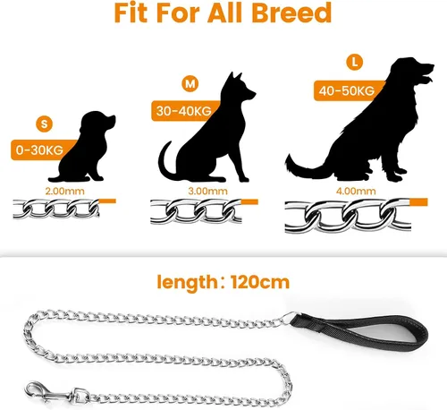 Vista 10 de PETTOM Correa de cadena de metal para perros, cuerda de acero resistente a prueba de mordidas con mango acolchado para perros medianos y grandes