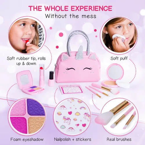 Vista 4 de Kit de maquillaje de simulación para niñas pequeñas con bolso de unicornio: juego de juguetes de maquillaje falso (no real) para niños pequeños
