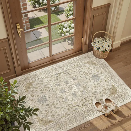 Vista 134 de Madane Alfombra lavable de 2 x 3 pies, alfombra de entrada pequeña, antideslizante, vintage, para entrada interior, alfombra de pelo bajo