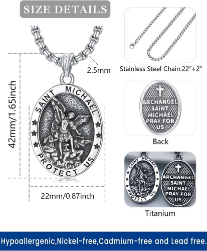 Vista 2 de Wasee Collar de San Miguel para hombre, collar con colgante de medalla de San Miguel Arcángel, amuleto de amuleto, joyería religiosa, regalos