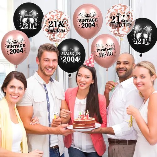Vista 5 de Globos de cumpleaños número 21, 18 globos de oro rosa y negro 2004, decoraciones de fiesta de cumpleaños 21 para mujeres, globos de látex de confeti