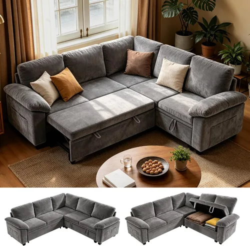 Vista 19 de 86" L-Shaped Sectional Sleeper Couch, Modular Pull-Out Storage Sofa Bed Green
