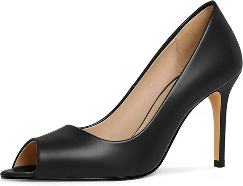 Vista 28 de Eldof Zapatos de tacón alto con punta abierta para mujer, con puntera abierta, para boda, sexy, para novia, clásicos, de 3.5 pulgadas Beige