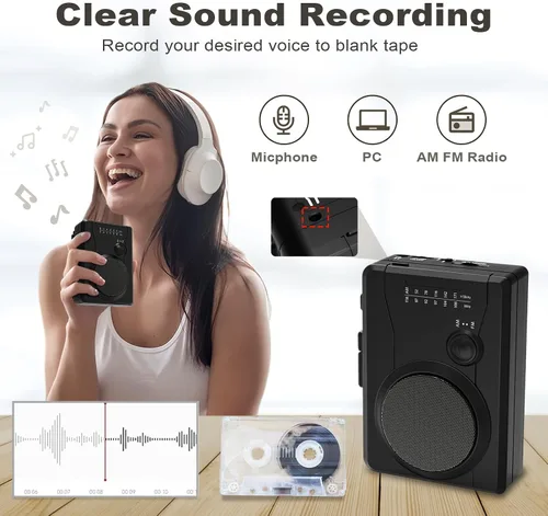 Vista 3 de Reproductor de casete portátil y grabador, convertidor digital de cinta de casete a MP3, estación de radio AM/FM, grabación inversa - Graba desde PC