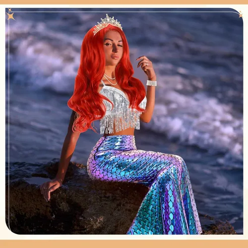 Vista 6 de 8 piezas de disfraz de sirena para mujer, disfraces de Halloween, lentejuelas brillantes, falda de sirena, peluca, vestido de princesa para adultos