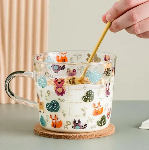Vista 3 de JHTPSLR Taza de vidrio transparente con asas para fiesta del bosque, 17 onzas, bonita, taza de vidrio con osos, zorro, búho, ardilla, alce, hongos