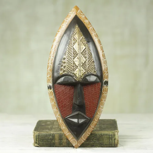 Vista 5 de NOVICA Máscara de pared africana de madera de Sese negra y roja con detalles de latón, 'Una bendición de paz