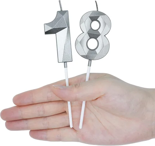 Vista 5 de Velas de cumpleaños número 16 y 61 para tartas, velas plateadas con forma de diamante 3D, decoración de cumpleaños, suministros de fiesta para Plata