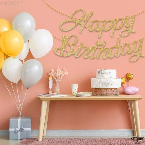 Vista 9 de KatchOn, Cartel de feliz cumpleaños dorado con purpurina – 10 pies, pre-encordado Letrero dorado de feliz cumpleaños para decoraciones doradas