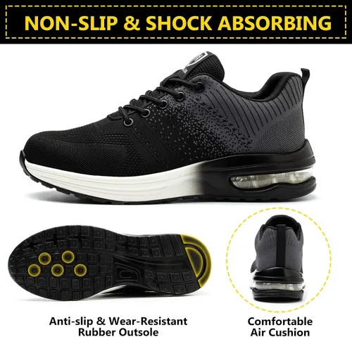 Vista 4 de Zapatos con punta de acero para hombres y mujeres, ligeros, cómodos, indestructibles, antideslizantes, zapatos de seguridad con cojín de aire