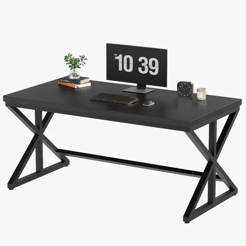 Vista 7 de IBF - Escritorio de oficina negro, moderno escritorio de metal de madera para computadora en oficina, 47 pulgadas