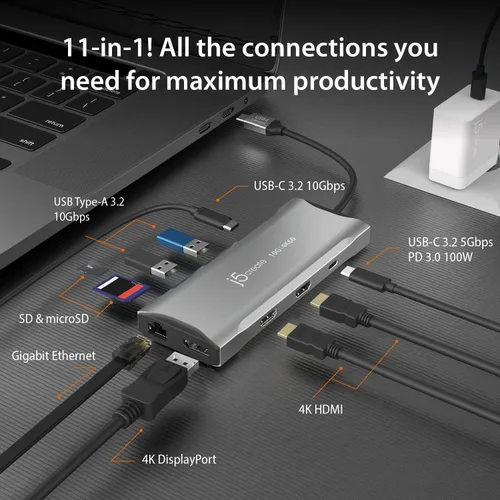 Vista 2 de j5create Concentrador de pantalla triple USB C 4K - 4K HDMI x2, 4K DP, 2 USB-A y USB-C 10Gbps, PD 100W, Ethernet, lector de tarjetas SD 4.0