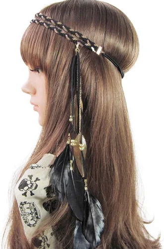Vista 8 de Song Qing Diadema de plumas para mujer, con borlas de hojas trenzadas, accesorios para el cabello Beige