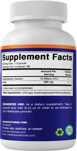 Vista 8 de Vitamatic Lactobacillus Gasseri - 12 mil millones por cápsula DR - 60 unidades - Soporte digestivo - Fabricado con fibra prebiótica de inulina