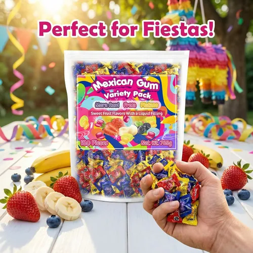 Vista 2 de Don Turinos - Paquete variado de chicles mexicanos, 150 unidades. Auténticos sabores de frutas de chicle, plátano, fresa y arándano, por Don Turinos