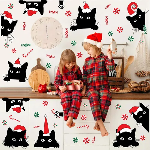 Vista 5 de Adhesivos de ventana de Navidad para ventana de Navidad, gato negro y menta, calcomanías de pared para decoración de ventanas de tienda de vidrio