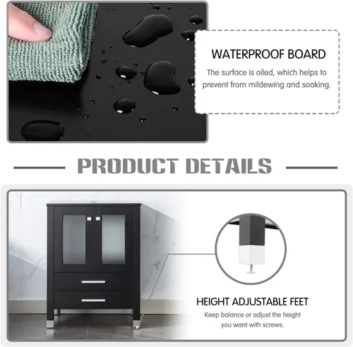 Vista 5 de LUCKWIND Combinación de tocador de baño de 24 pulgadas con lavabo, serie elegante con marco pintado, armario de almacenamiento de baño de dos