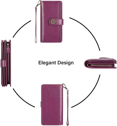 Vista 6 de Lavemi Carteras de cuero genuino de gran capacidad con bloqueo RFID para mujer, tarjetero con correa para la muñeca