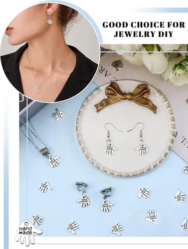 Vista 4 de JIALEEY 100 dijes en forma de mano hechos a mano, letreros tallados en tono plateado para hacer joyas de moda, hallazgos, manualidades, costura