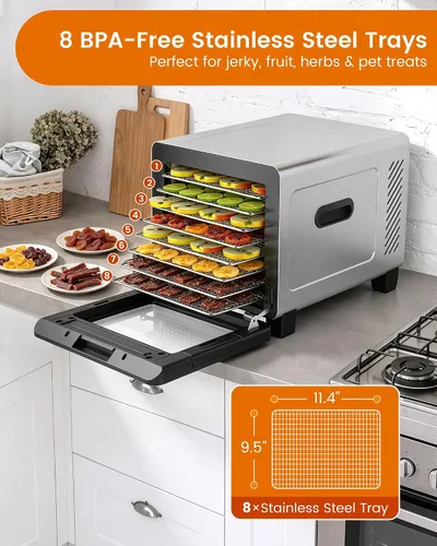 Vista 9 de Máquina deshidratadora de alimentos, secadora de acero inoxidable de 720 W con 8 bandejas con puerta de ventana transparente, control digital