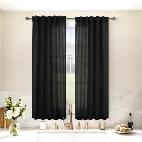 Vista 4 de Mrs.Naturall Cortinas negras de 45 pulgadas de largo, cortinas cortas de lino transparente para privacidad para cocina, dormitorio, ventanas