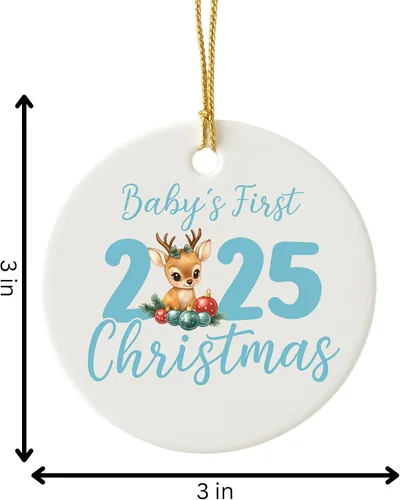 Vista 5 de Adorno personalizado para la primera Navidad del bebé 2025, recuerdo redondo de cerámica con nombre personalizado, decoración de árbol de Navidad