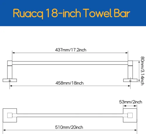 Vista 6 de RUACQ Barra para toallas de 18 pulgadas, Soportes para toallas para baño, Soporte para toallas de acero inoxidable 304 montado en la pared, Barra