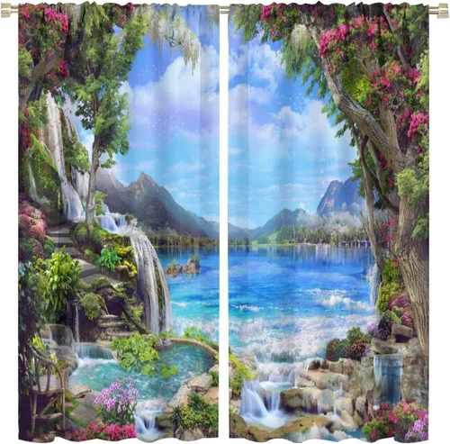 Vista 14 de Cortina opaca de bosque de verano, diseño de ramas de bosque, con bolsillo para barra, cortinas farbic con bolsillo para barra, comedor, cafetería