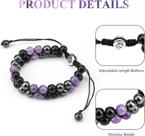 Vista 3 de Pulseras de triple protección para hombres y mujeres, joyería de muñeca de cristal curativo de hematita de amatista auténtica, piedras naturales