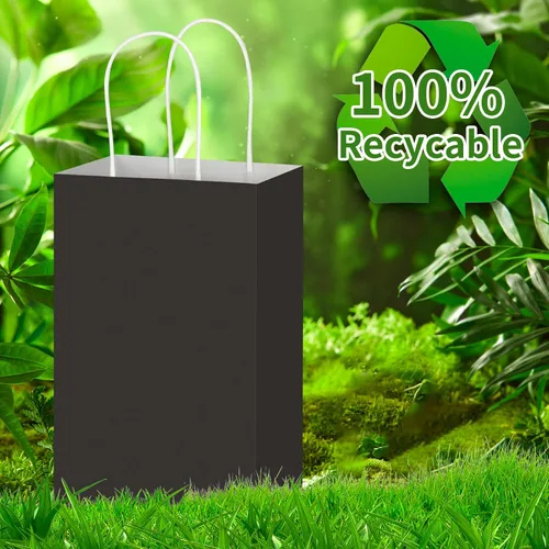 Vista 4 de Toovip Paquete de 50 bolsas pequeñas de papel kraft negro de 5.25 x 3.25 x 8.25 pulgadas con asas a granel, bolsas de regalo para regalos