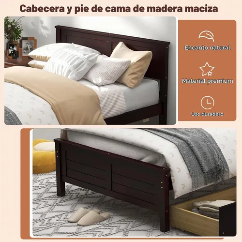 Vista 4 de GOFLAME - Base de cama tamaño individual con 2 cajones, base de plataforma con cabecera y estribo de madera maciza, listones de madera para soporte