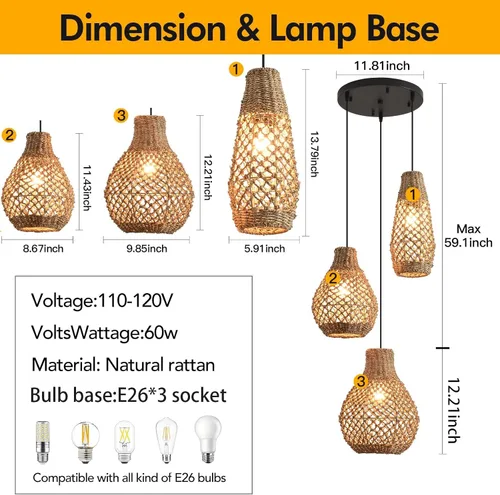 Vista 5 de Lámpara colgante de ratán de 3 luces, estilo bohemio, tejido de mimbre, costero, para colgar en el techo, para cocina, isla, sala de estar, comedor