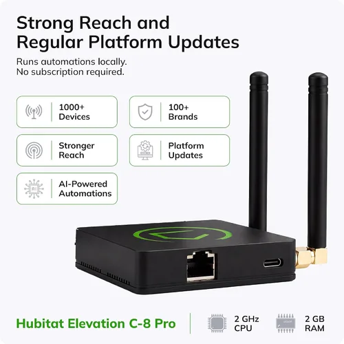Vista 2 de Hubitat Elevation Hub de Automatización del Hogar (Modelo C-8 Pro) Compatible con Alexa, Apple HomeKit, Google Home, Zigbee, Z-Wave, Matter, Aqara