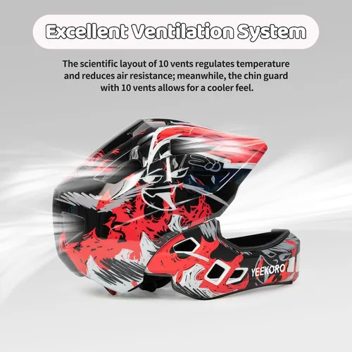 Vista 4 de Kids Bike Helmet with Chin Guard, Adjustable Full Face Helmet Negro-rojo