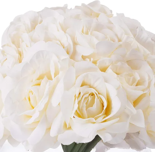 Vista 3 de Arreglo floral de rosas abiertas de seda de 21 cabezas en jarrón redondo de vidrio con agua sintética para decoración de centros de mesa de boda