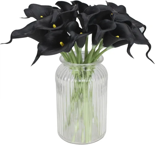 Vista 3 de Duovlo Ramo de 20 lirios de cala para boda, ramo de flores artificiales de látex de tacto real para decoración de fiestas y hogar (Negro)