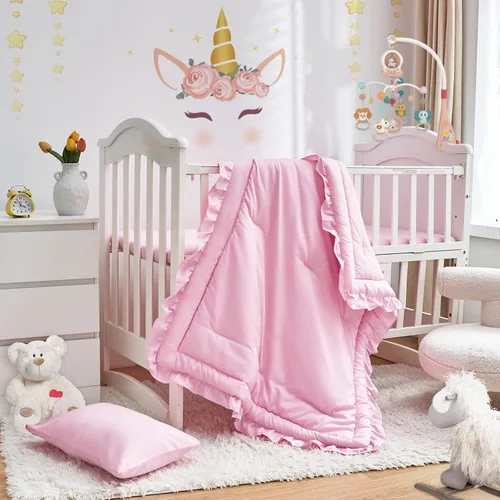 Vista 11 de Juego de ropa de cama de 3 piezas para cuna de bebé, edredón acolchado con volantes para bebé con sábana ajustable y funda de almohada - Ropa