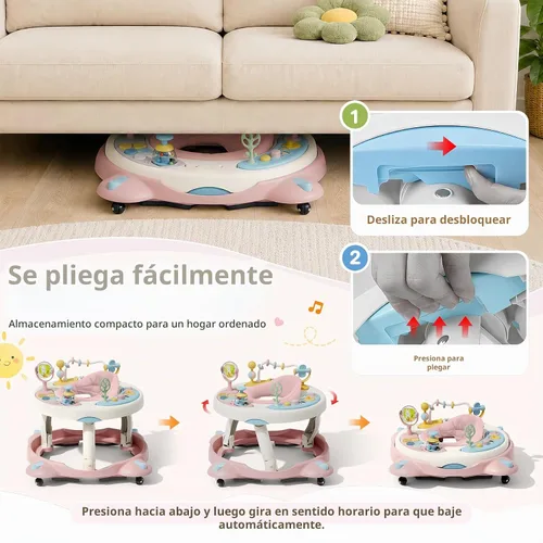 Vista 6 de Andador de bebé con ruedas, andador plegable para bebés de 6 a 12 meses, asiento giratorio de 3 posiciones con centro de actividad interactivo Rosa