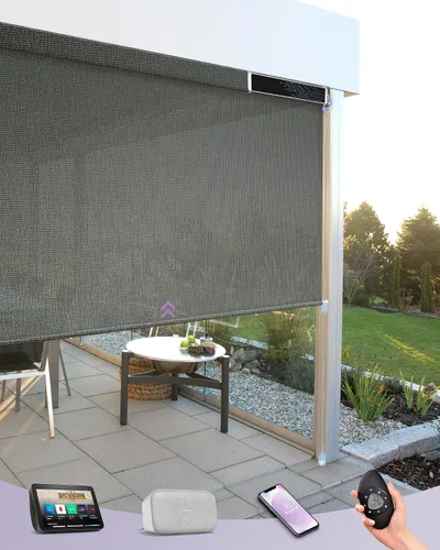 Vista 10 de Graywind Persianas enrollables motorizadas para exterior para patio compatibles con Alexa Google, cortinas solares inteligentes para exteriores