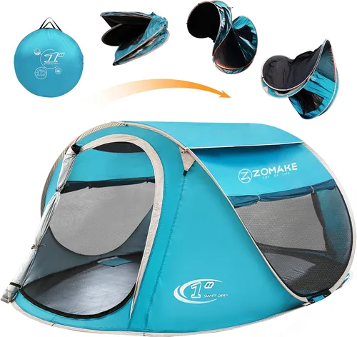 Vista 8 de ZOAMKE - Tienda de campaña fácil desplegable para 2 a 4 personas, impermeable, tienda de campaña emergente automática para acampar Azul 3-4 Persona