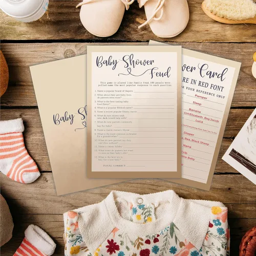 Vista 4 de Family Feud - Tarjeta de juego para baby shower, juego de relleno de doble cara caqui de 5 x 7 pulgadas para bebé, niño o niña, 30 tarjetas y 1