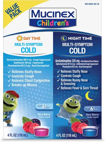 Vista 19 de Mucinex Líquido de alivio del resfriado multisíntoma para niños, alivia la congestión nasal, la congestión del pecho, la tos y el moco, expectorante