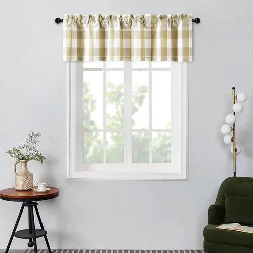 Vista 7 de VOGOL Cenefa de cuadros marrón con textura de lino para dormitorio, sala de estar, diseño de bolsillo para barra, fácil de colgar, 52 x 12 pulgadas