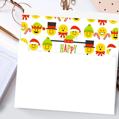 Vista 7 de Tarjetas de felicitación de Happy Holidays, rojo y verde, divertido patrón de emoji lindo, plegable en blanco para Navidad y Año Nuevo, 4.25 x 5.5