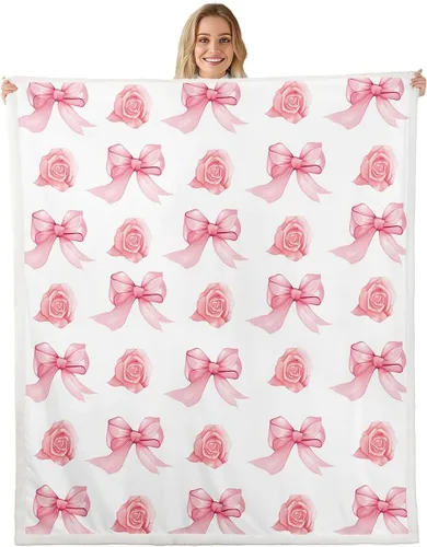 Vista 9 de Manta de franela de forro polar con lazos rosados femeninos de 40 x 50 pulgadas, manta mullida de corazones para el día de San Valentín para sofá