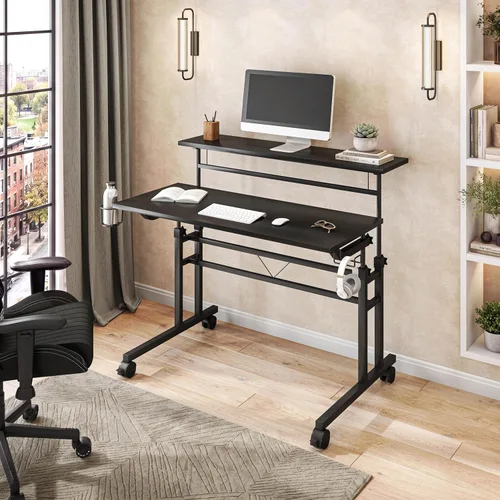 Vista 9 de Techni Mobili Escritorio con ruedas de altura ajustable con soporte para tazas, color negro