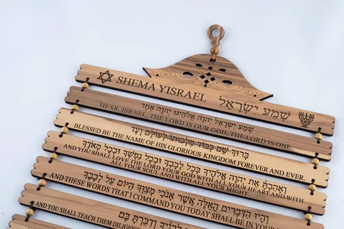 Vista 4 de Olive Wood Gifts Shop Placa hecha a mano «SHEMA Israel Prayer» (16.5 x 11.5 pulgadas, inglés/hebreo) – Deuteronomio 6:4-9, decoración artística